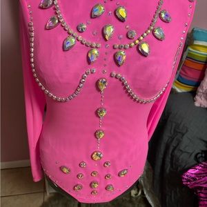 Custome made hand rhinestones baby pink bodysuit
